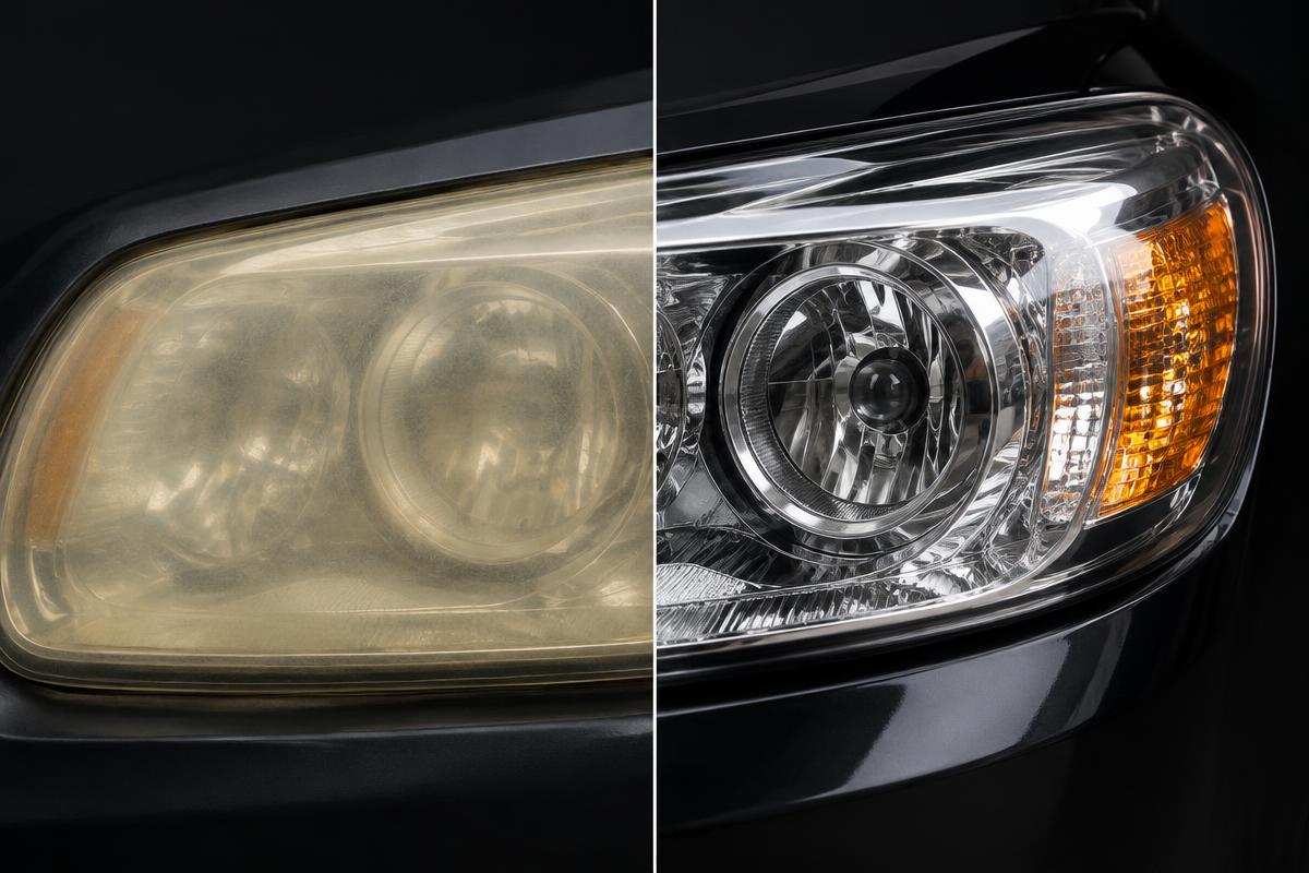 Before and after headlight restoration comparison